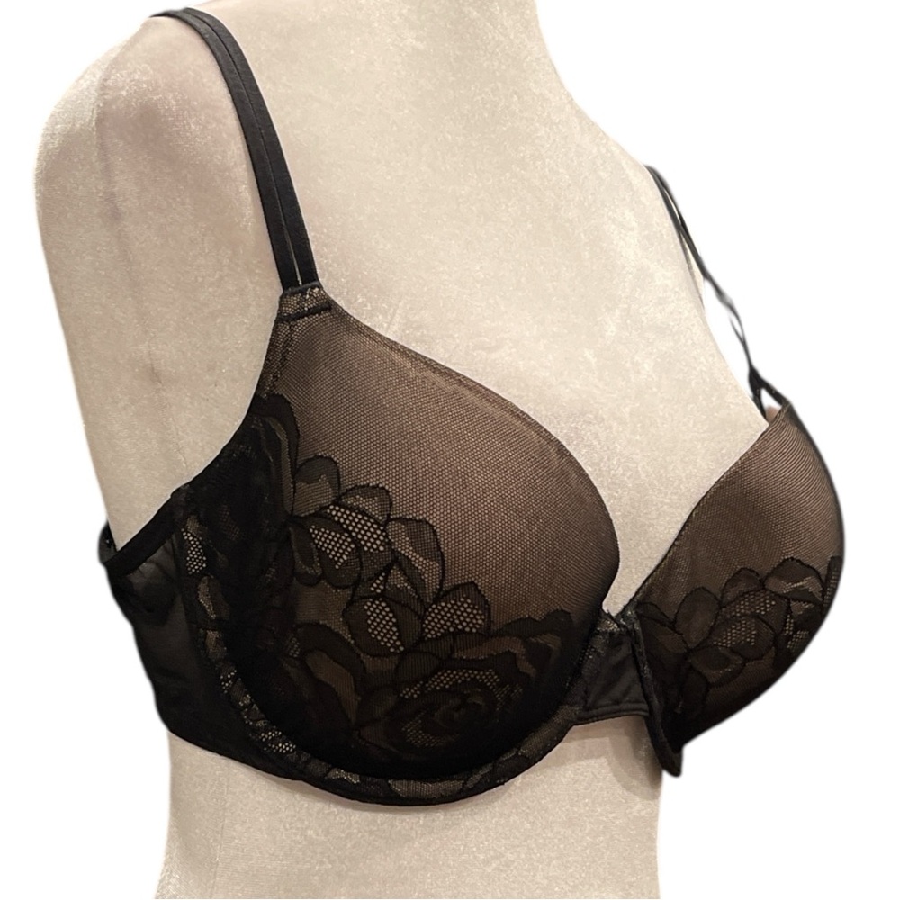 Wacoal 36D Black Sheer Lace Underwire Bra Molded Cups Mesh Floral Lingerie